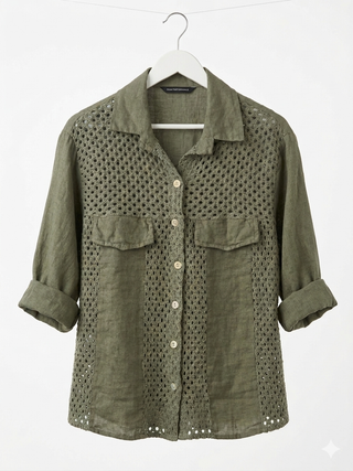 A E L I A OVERSIZED LINEN SHIRT WITH EYELET PANELS- MOSS GREEN