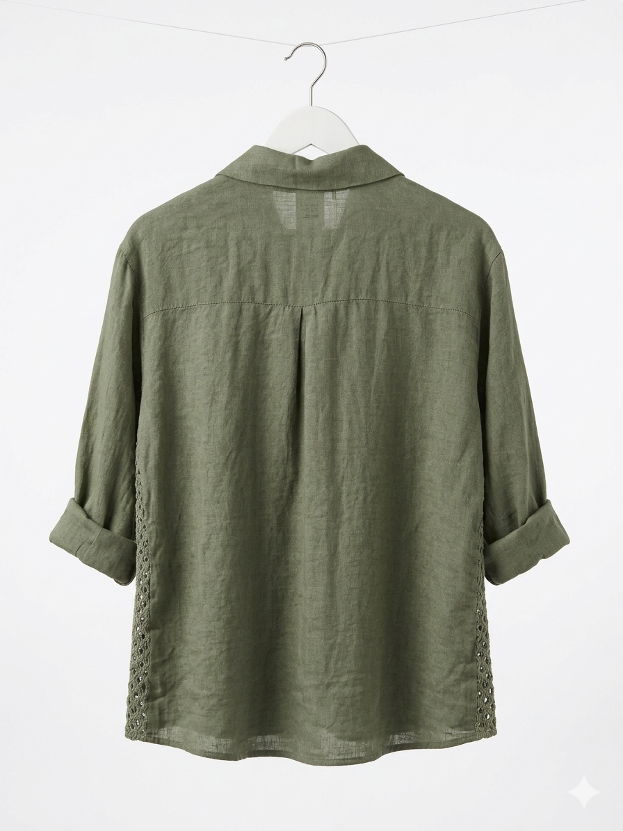 A E L I A OVERSIZED LINEN SHIRT WITH EYELET PANELS- MOSS GREEN