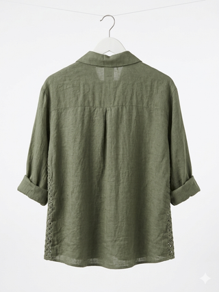 A E L I A OVERSIZED LINEN SHIRT WITH EYELET PANELS- MOSS GREEN