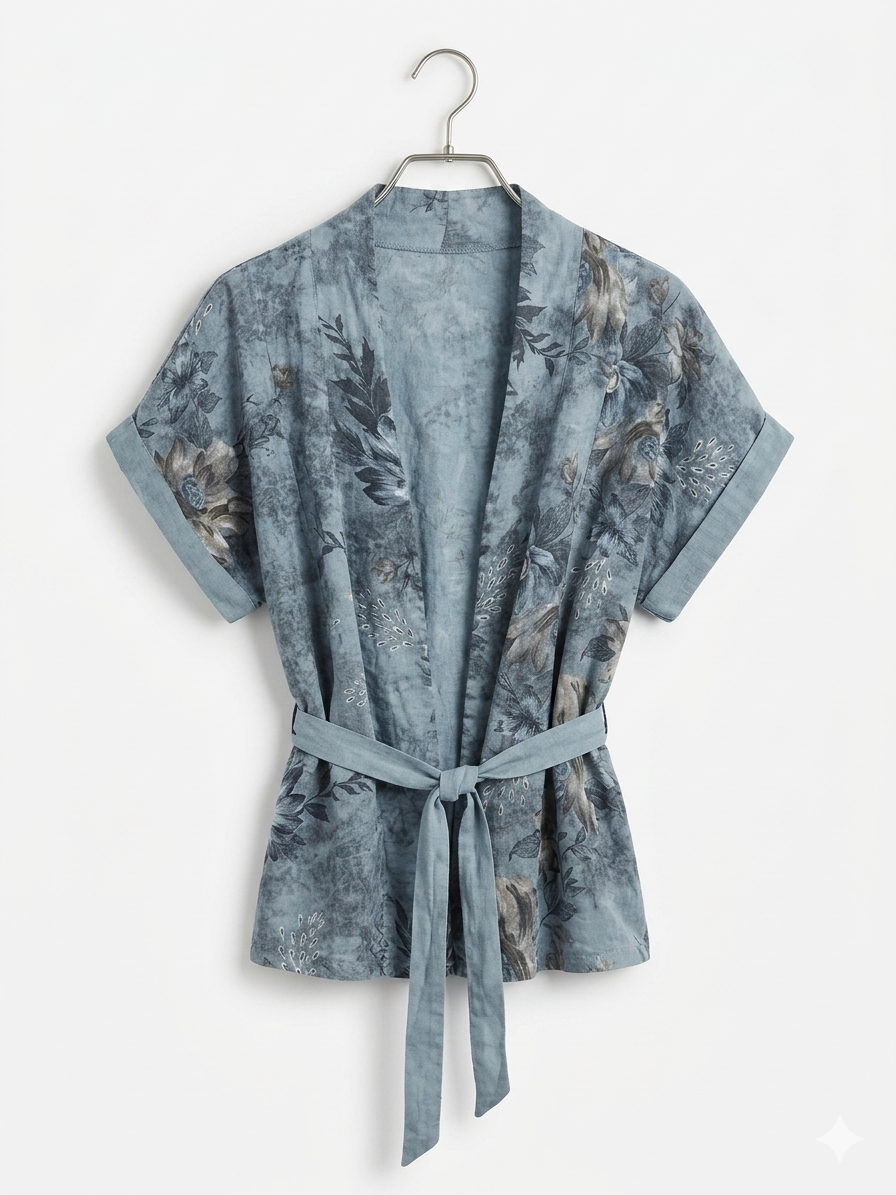 FLORAL PRINT LINEN BLEND KIMONO- SLATE BLUE