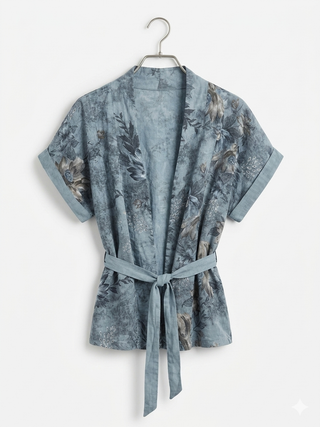 FLORAL PRINT LINEN BLEND KIMONO- SLATE BLUE