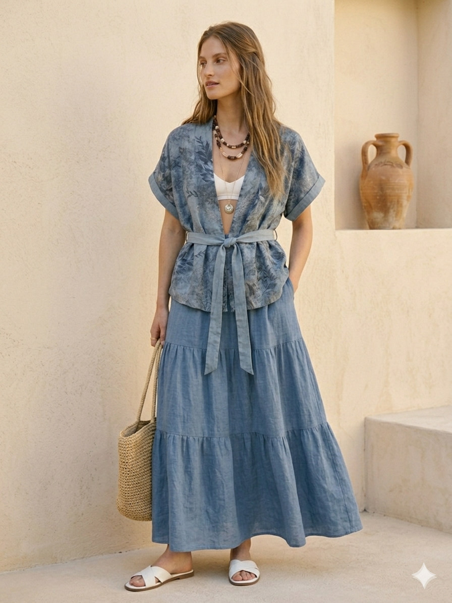 FLORAL PRINT LINEN BLEND KIMONO- SLATE BLUE