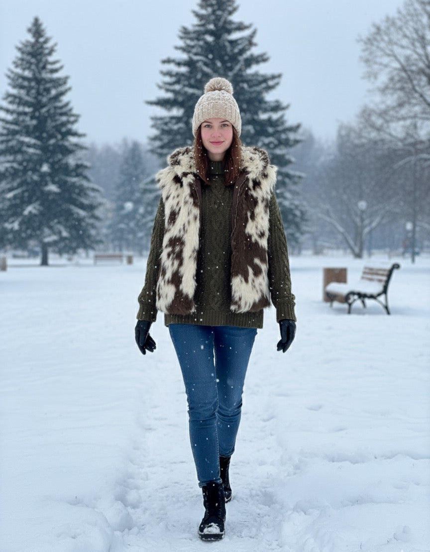 Faux Fur Cow Print Hooded Vest