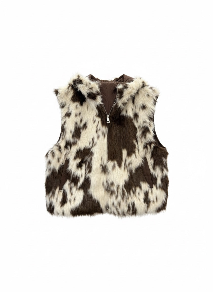 Faux Fur Cow Print Hooded Vest
