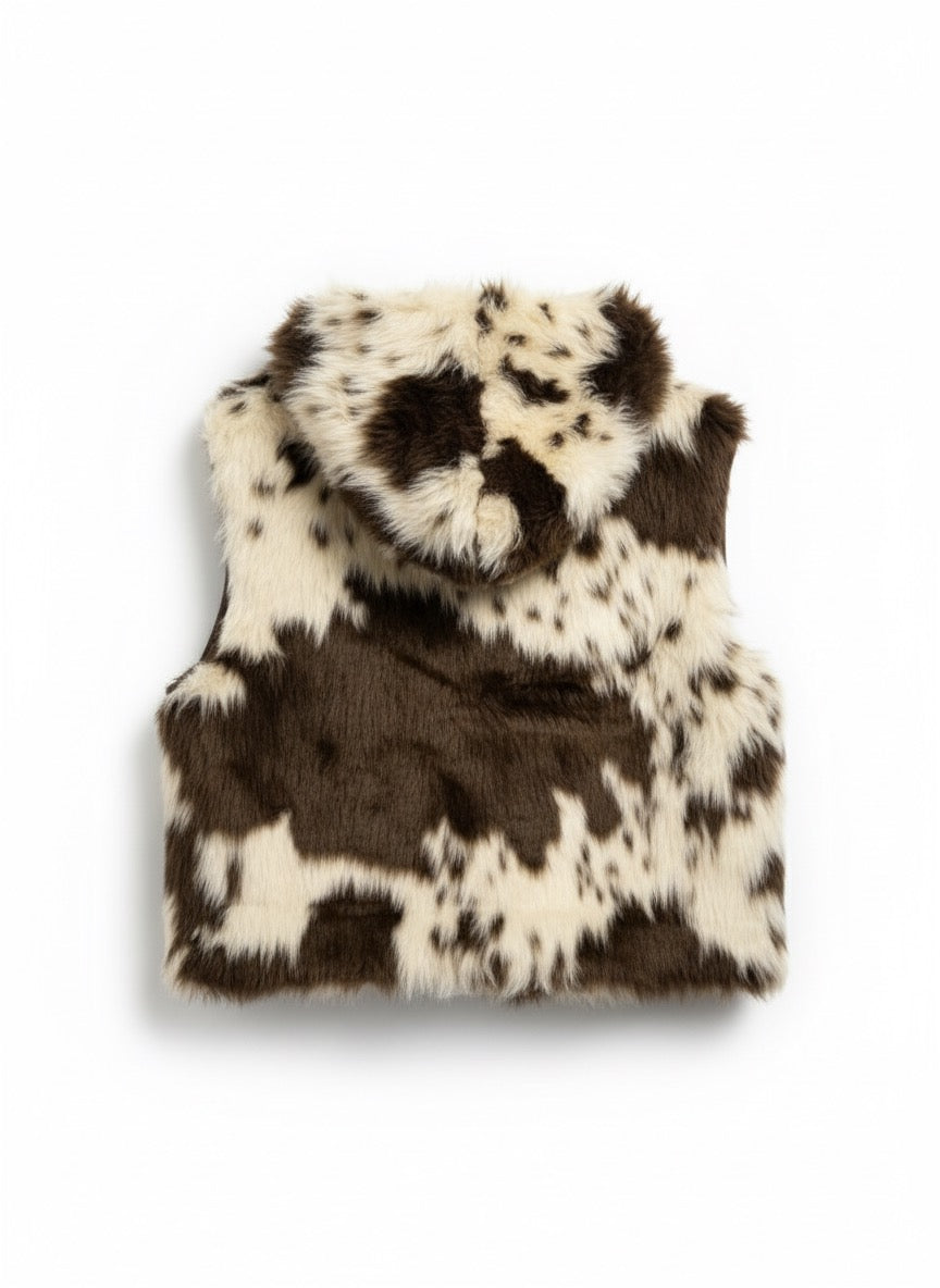 Faux Fur Cow Print Hooded Vest