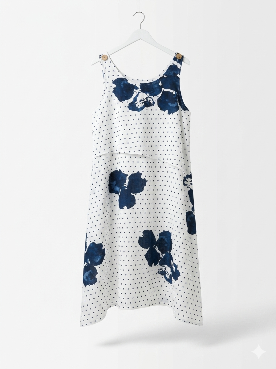 LINEN MIXED PRINT MAXI DRESS- ROYAL BLUE