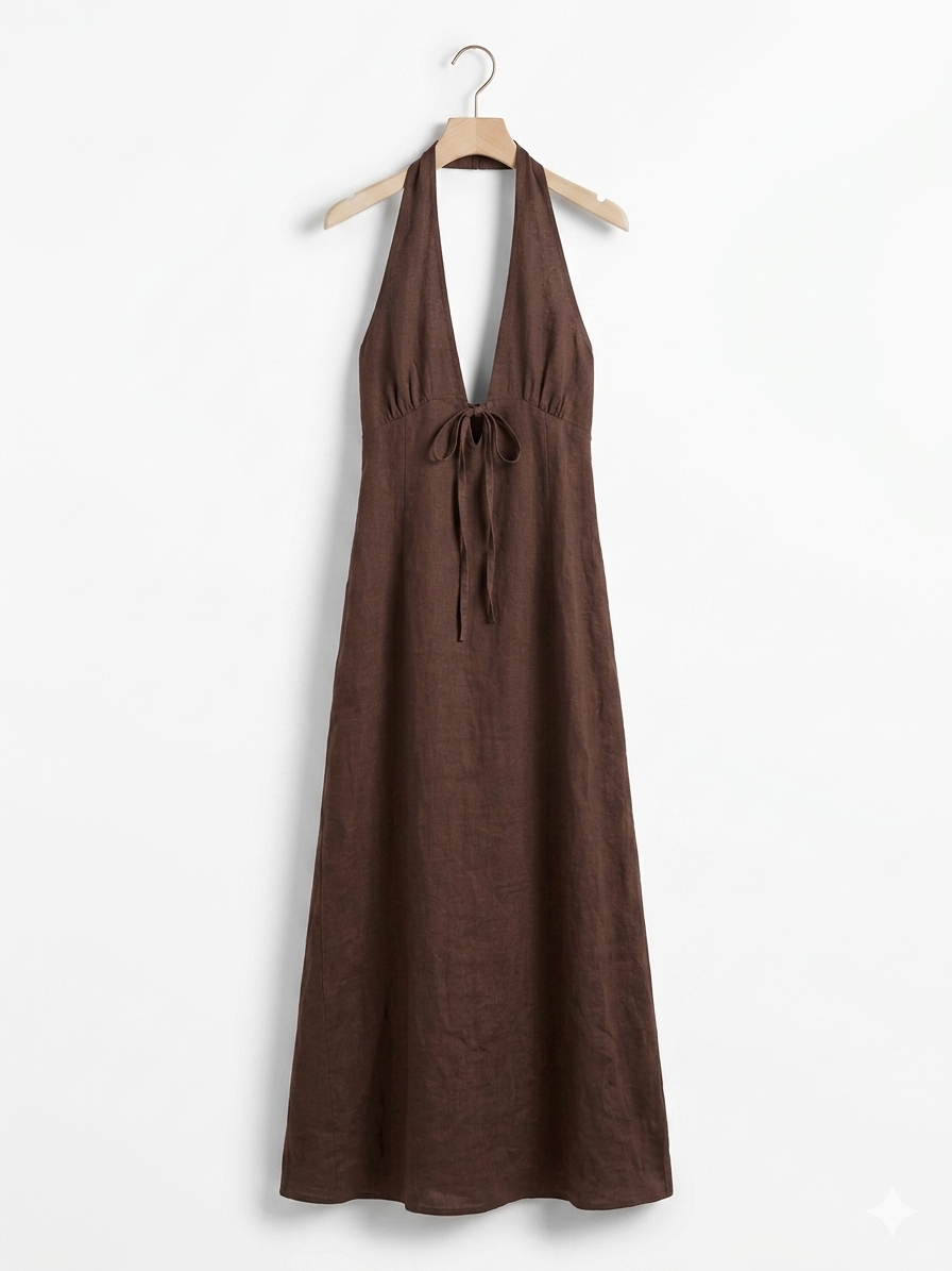 ITALIAN LINEN HALTER MAXI DRESS- CHOCOLATE BROWN
