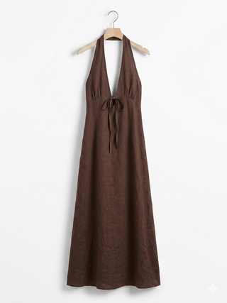 ITALIAN LINEN HALTER MAXI DRESS- CHOCOLATE BROWN