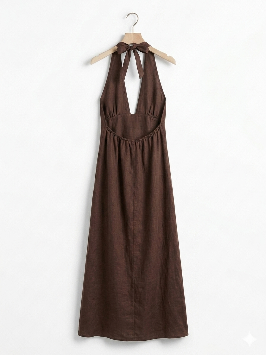 ITALIAN LINEN HALTER MAXI DRESS- CHOCOLATE BROWN
