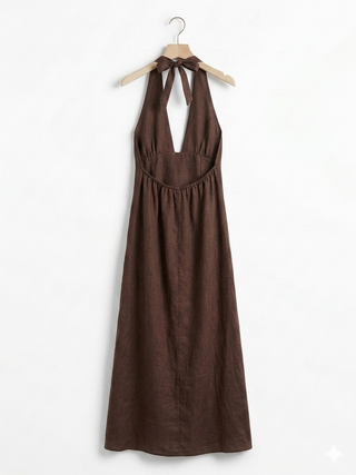 ITALIAN LINEN HALTER MAXI DRESS- CHOCOLATE BROWN