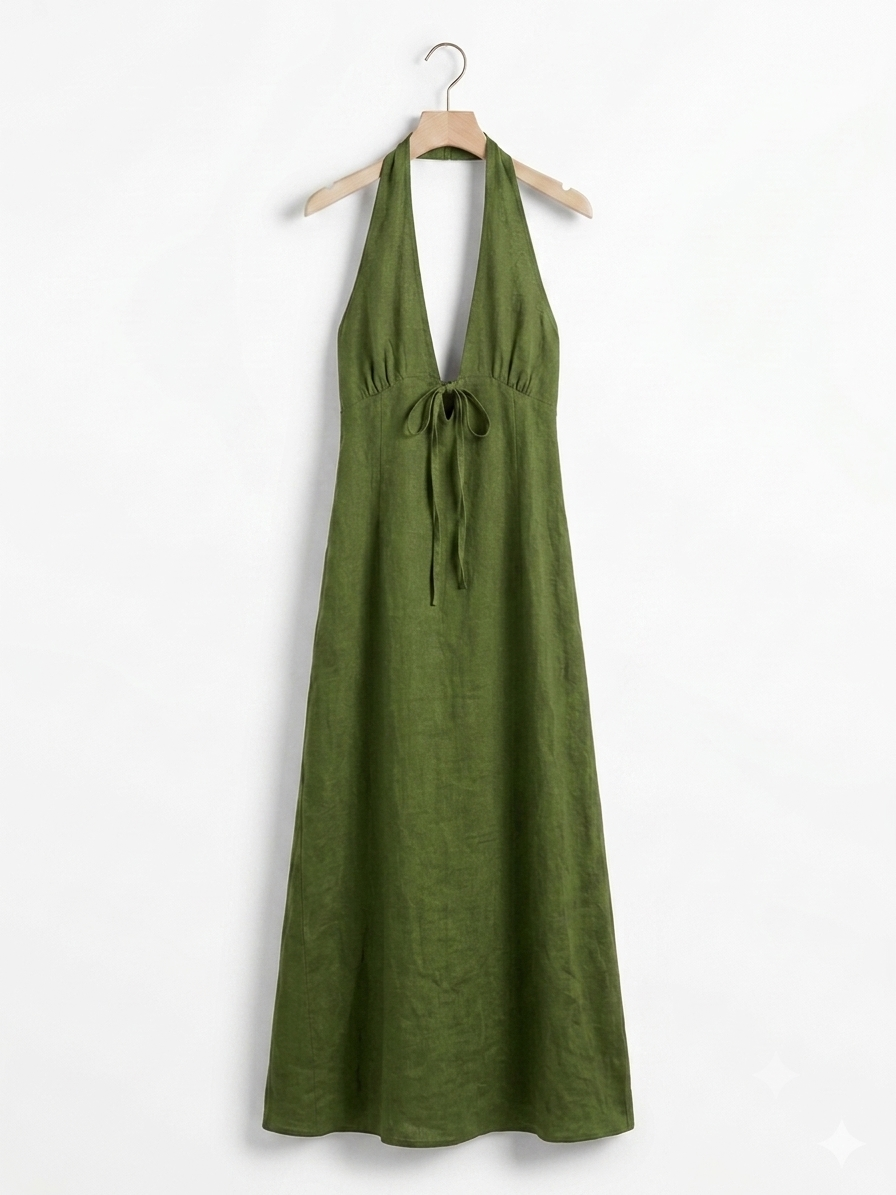 ITALIAN LINEN HALTER MAXI DRESS- GREEN