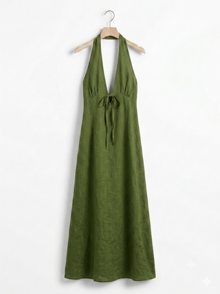 ITALIAN LINEN HALTER MAXI DRESS- GREEN