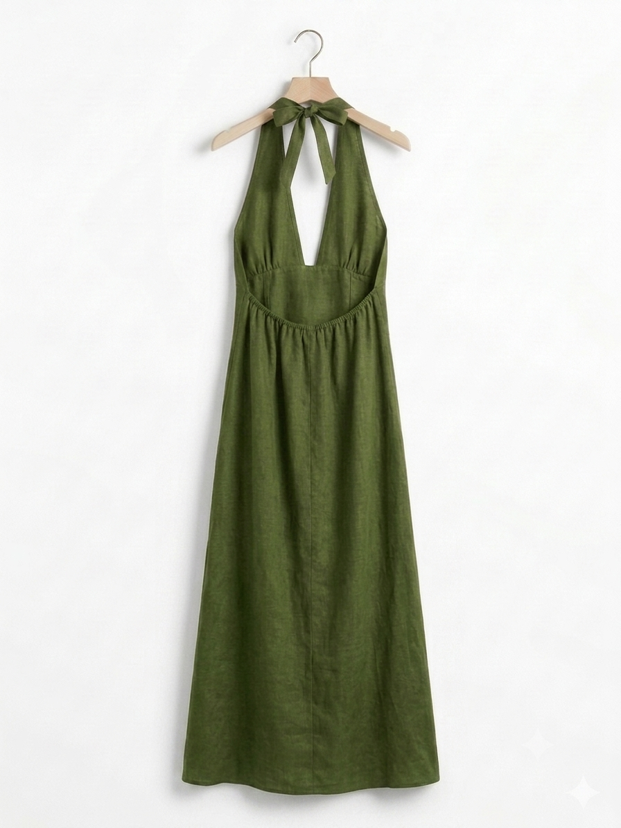 ITALIAN LINEN HALTER MAXI DRESS- GREEN