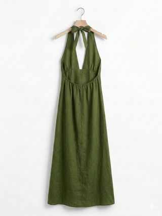 ITALIAN LINEN HALTER MAXI DRESS- GREEN
