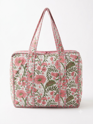Rosewood Bloom Quilted Cotton Tote Bag with Zipper