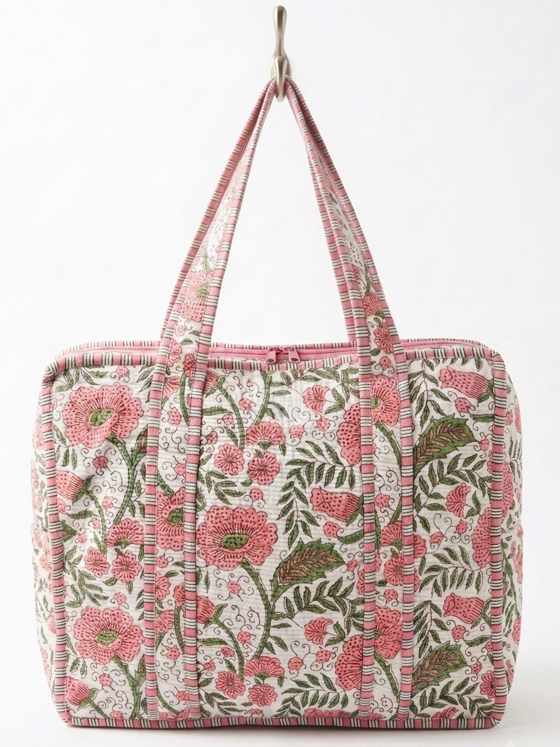 Rosewood Bloom Quilted Cotton Tote Bag with Zipper