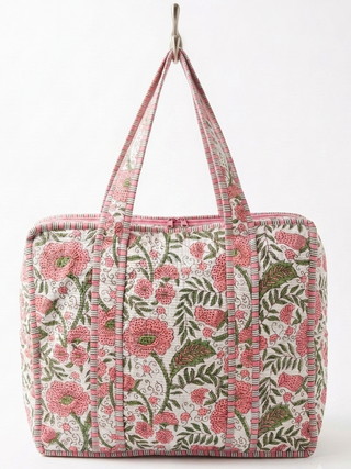 Rosewood Bloom Quilted Cotton Tote Bag with Zipper