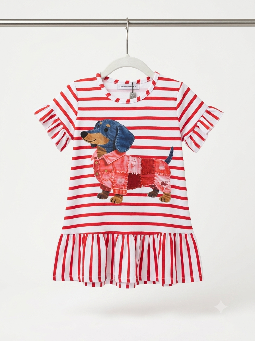 Bella the Dachshund Striped Ruffle Dress for Kids