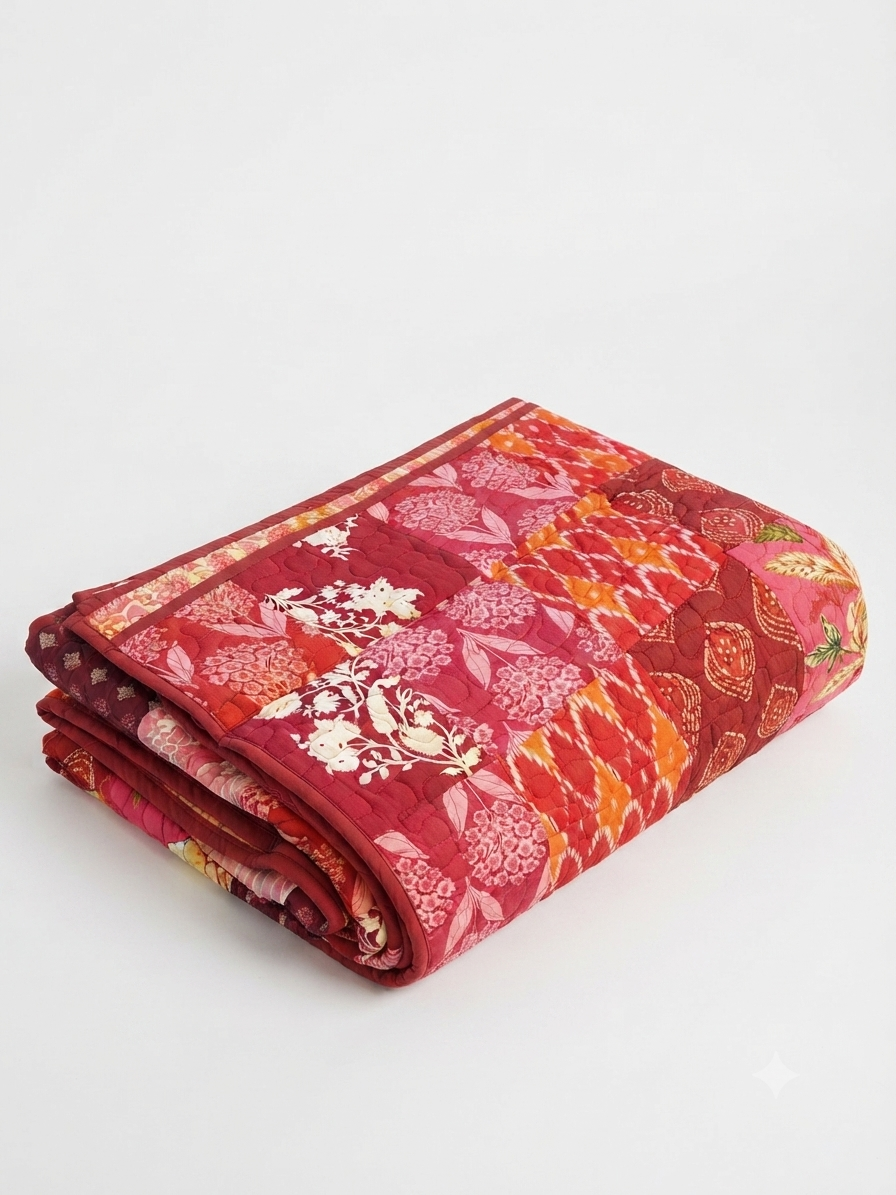 Crimson Floral Patchwork Reversible King Size Quilt