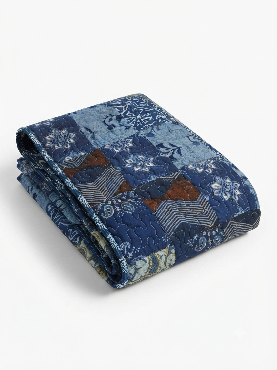 Indigo Bloom Reversible Patchwork Twin Size Quilt