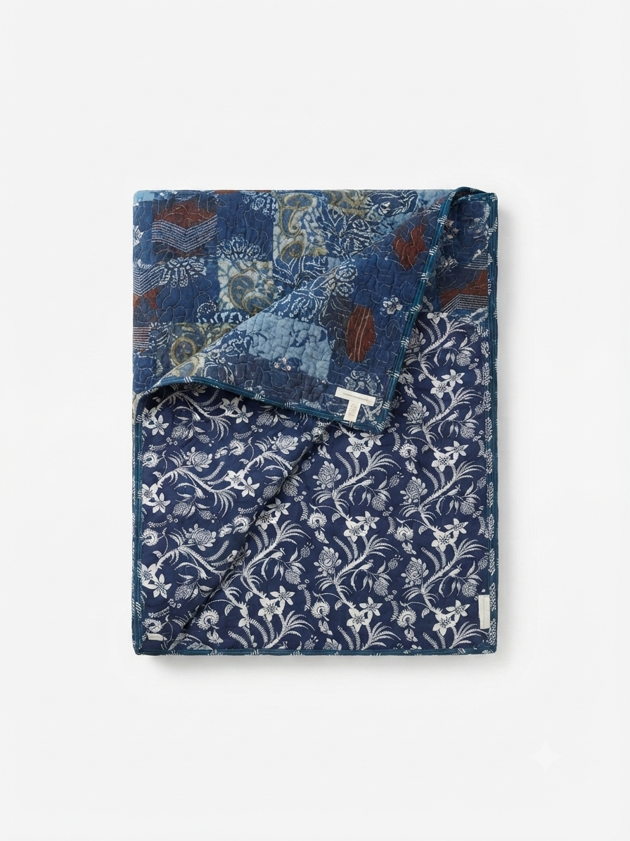 Indigo Bloom Reversible Patchwork Twin Size Quilt