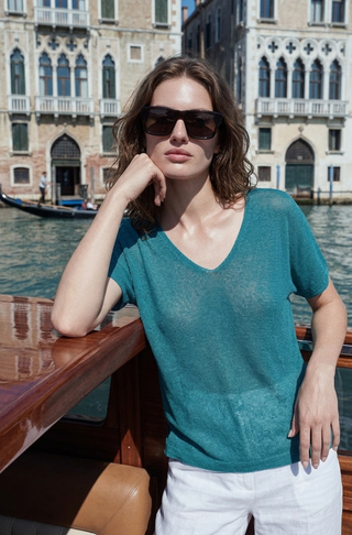 V-Neck Knit Top - Teal