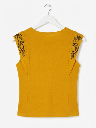 Embroidered Ruffle-Sleeve Ribbed Top- Mustard