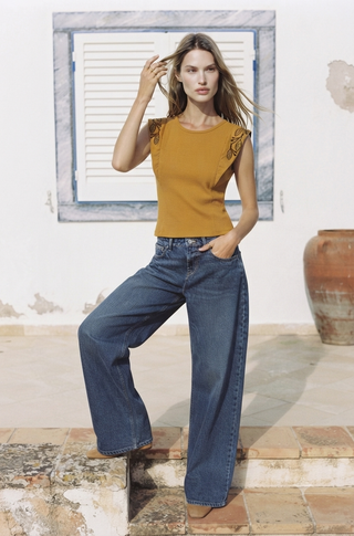 Embroidered Ruffle-Sleeve Ribbed Top- Mustard
