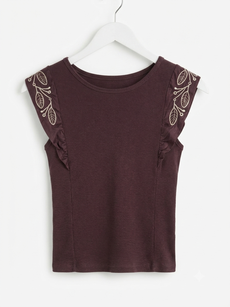 Embroidered Ruffle-Sleeve Ribbed Top- Burgundy