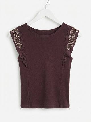 Embroidered Ruffle-Sleeve Ribbed Top- Burgundy