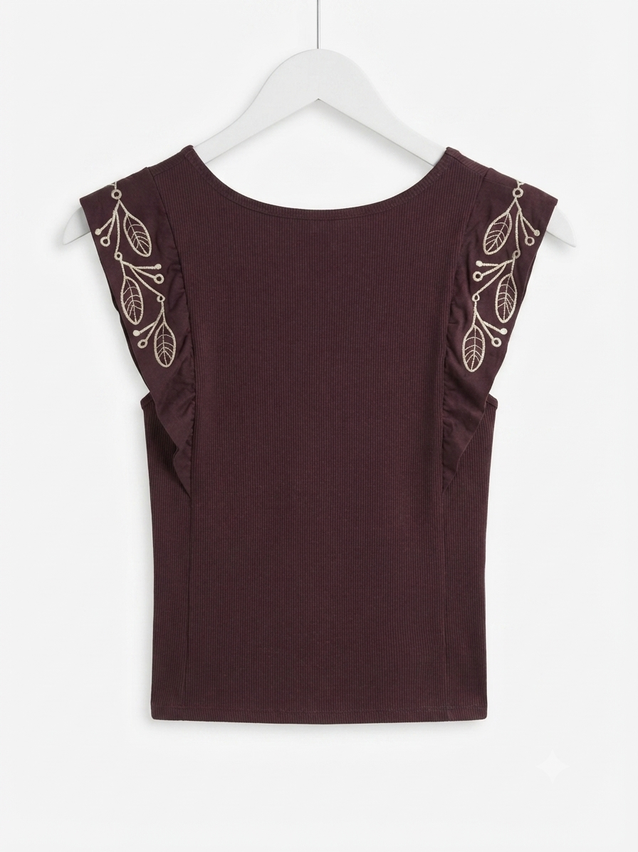 Embroidered Ruffle-Sleeve Ribbed Top- Burgundy