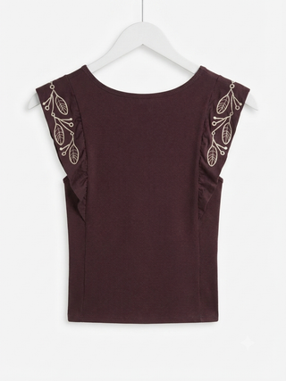 Embroidered Ruffle-Sleeve Ribbed Top- Burgundy