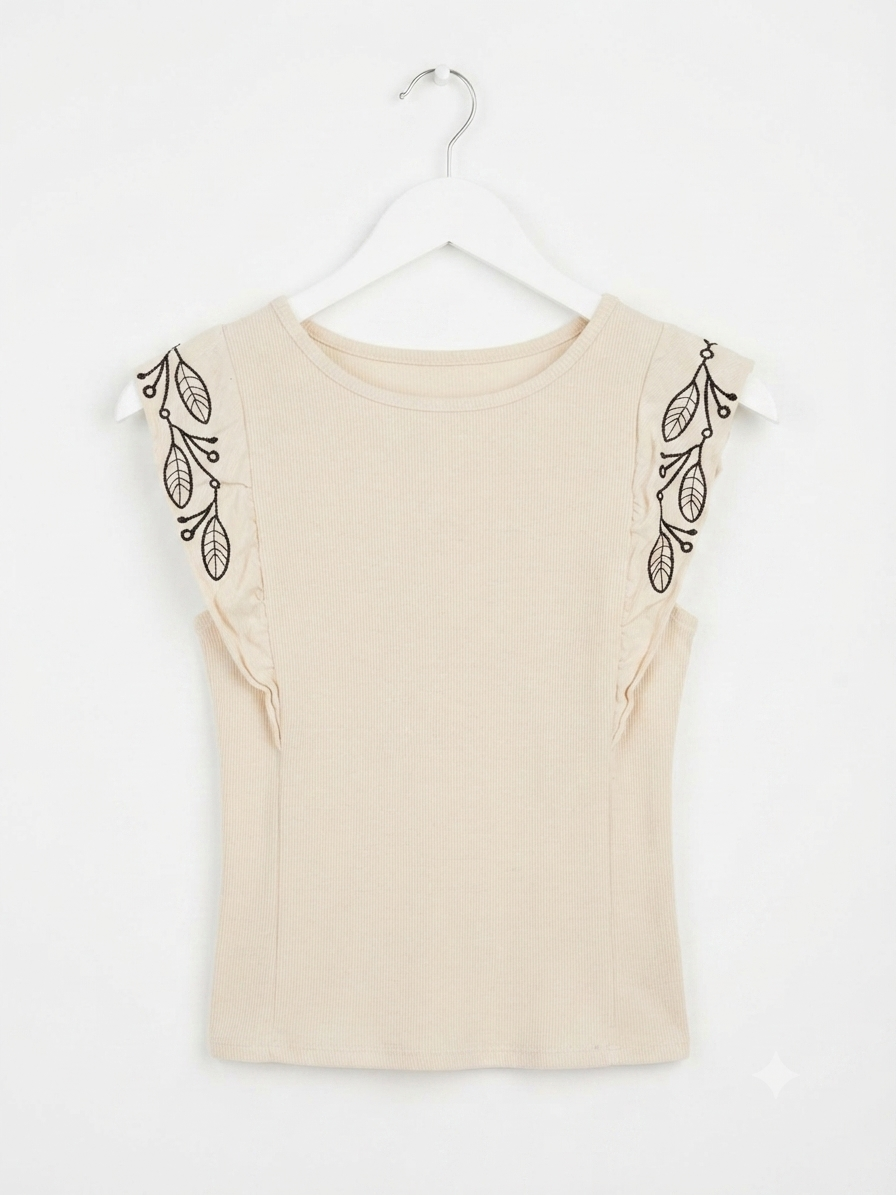 Embroidered Ruffle-Sleeve Ribbed Top- Beige