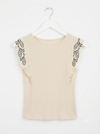 Embroidered Ruffle-Sleeve Ribbed Top- Beige