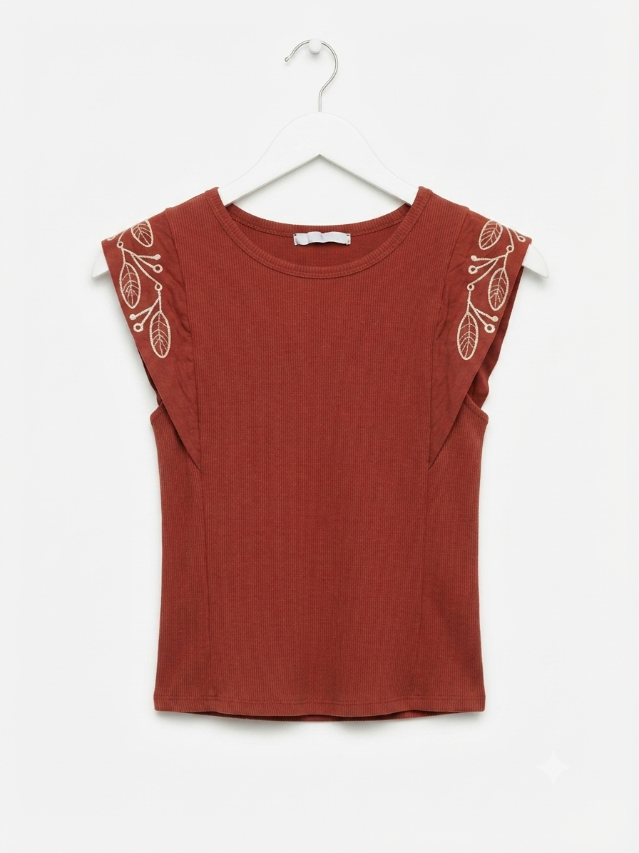 Embroidered Ruffle-Sleeve Ribbed Top- Rust