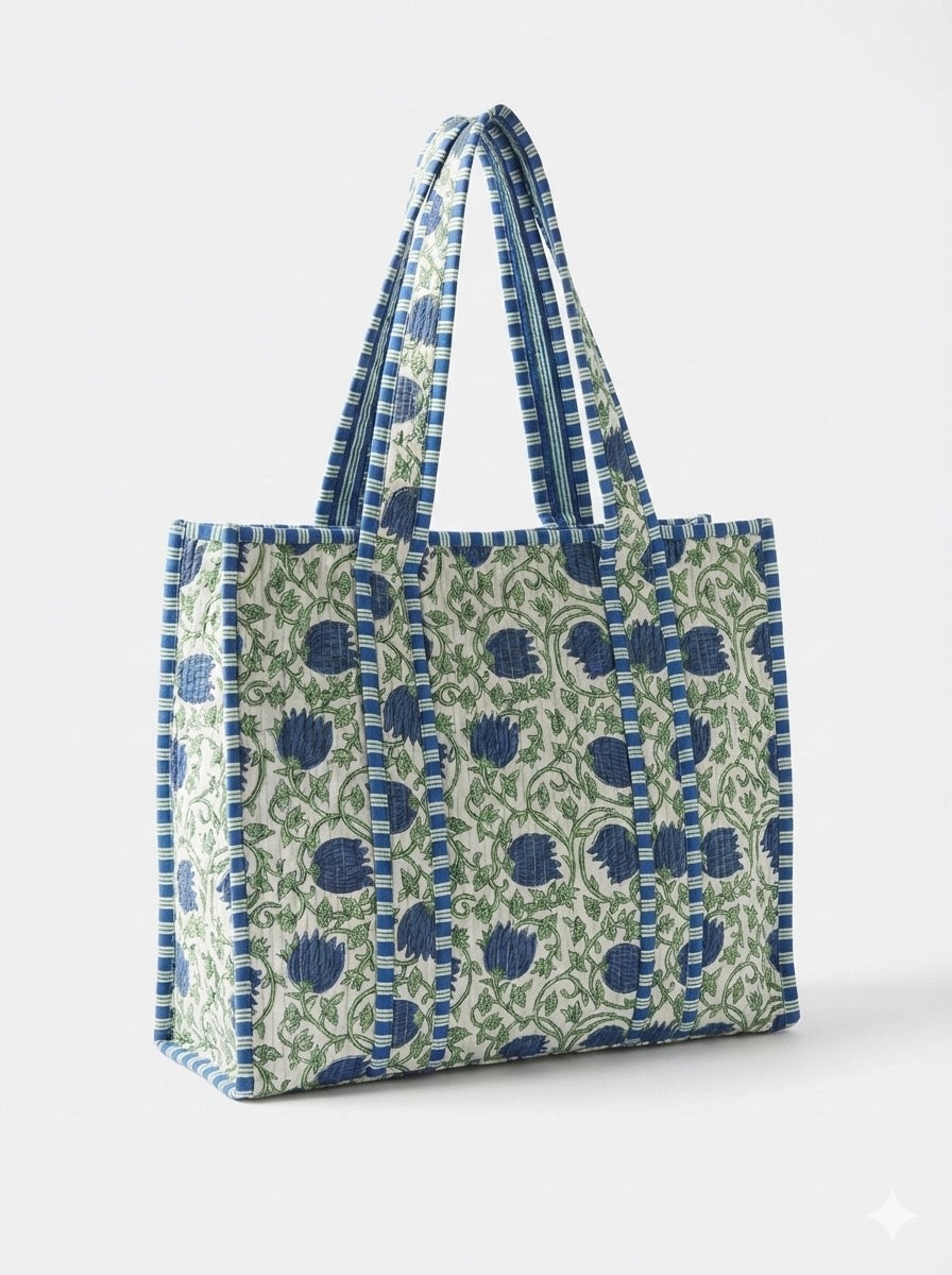 The Indigo Vine Quilted Zippered Tote