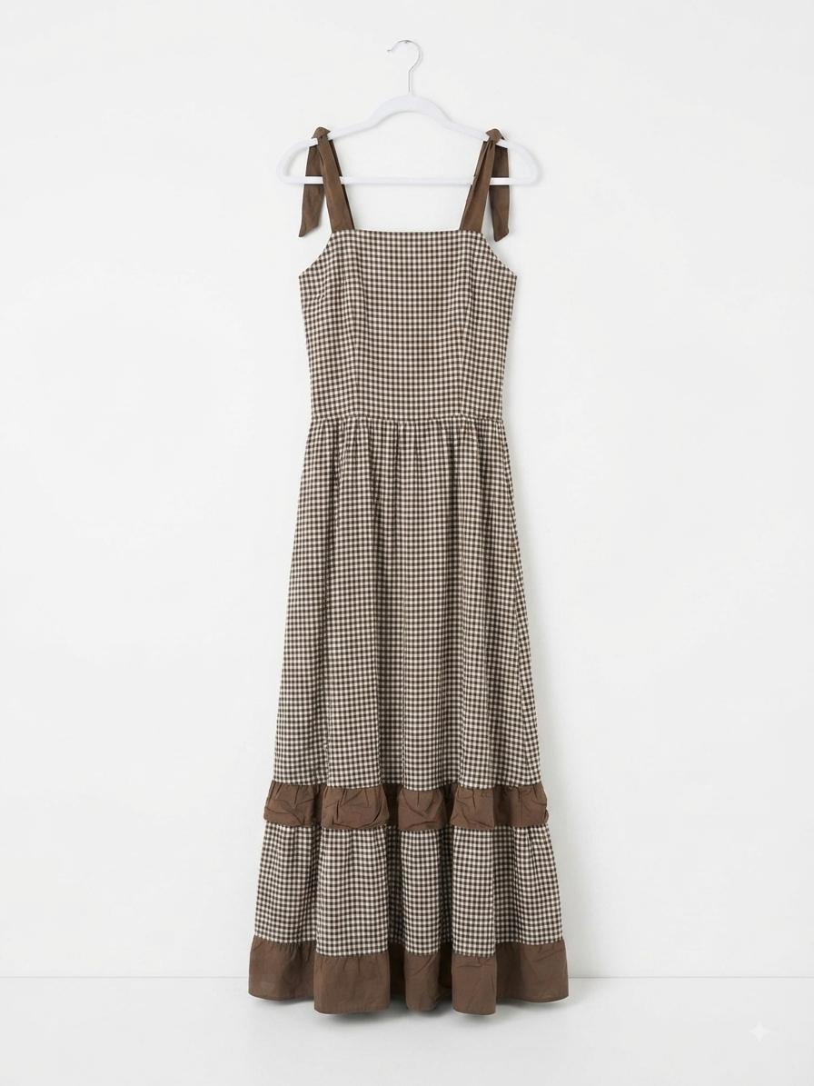 Chocolate Brown Gingham Tie-Strap Midi Dress