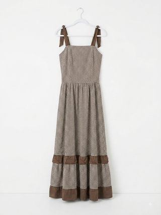 Chocolate Brown Gingham Tie-Strap Midi Dress