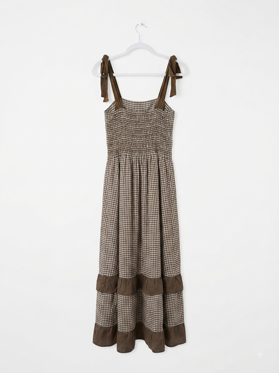 Chocolate Brown Gingham Tie-Strap Midi Dress