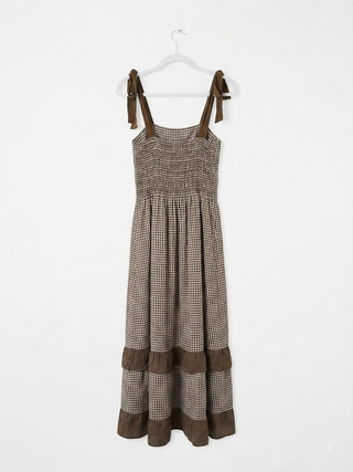 Chocolate Brown Gingham Tie-Strap Midi Dress
