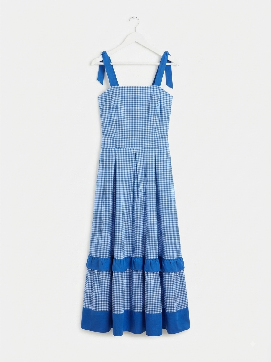 Royal Blue Gingham Tie-Strap Midi Dress