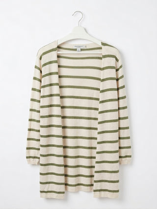 Sage Green & Cream Striped Open-Front Longline Cardigan