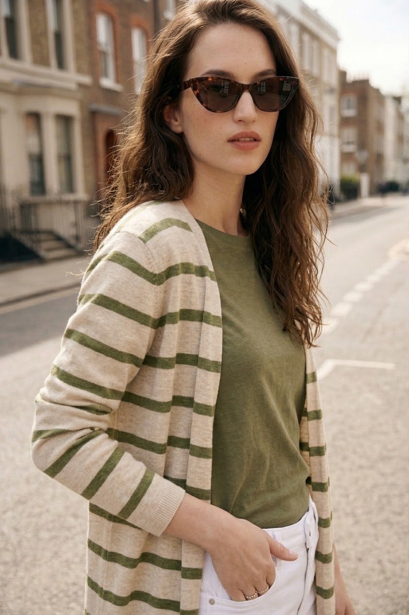Sage Green & Cream Striped Open-Front Longline Cardigan
