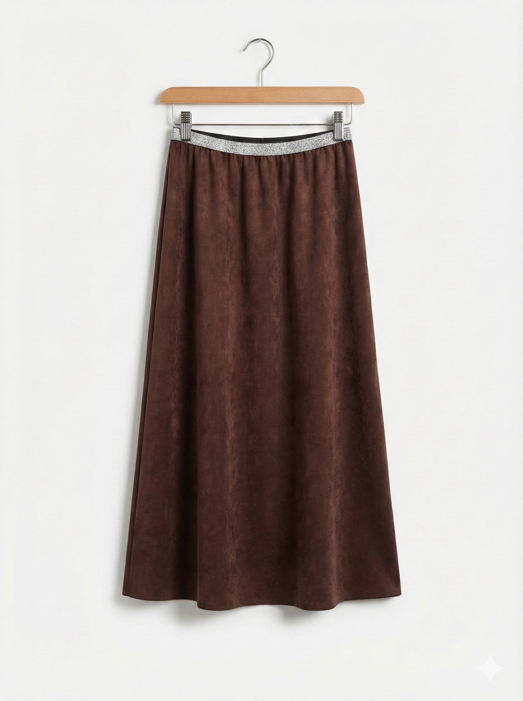 The Cognac Shimmer Waist Midi Skirt- Chocolate Brown
