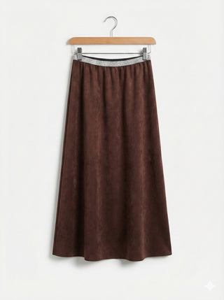 The Cognac Shimmer Waist Midi Skirt- Chocolate Brown