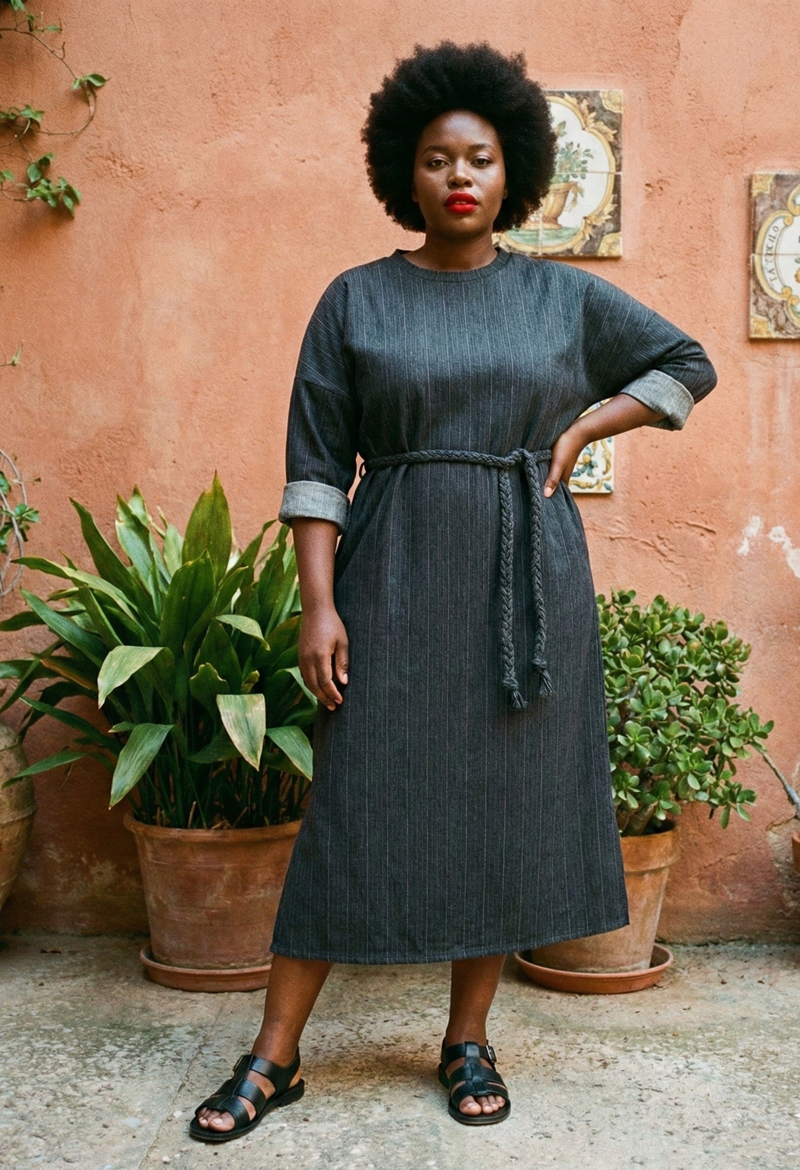 The Milano Pinstripe Belted Maxi Dress