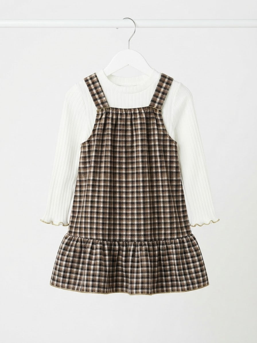 Charming Gingham Pinafore & Ribbed Top Set