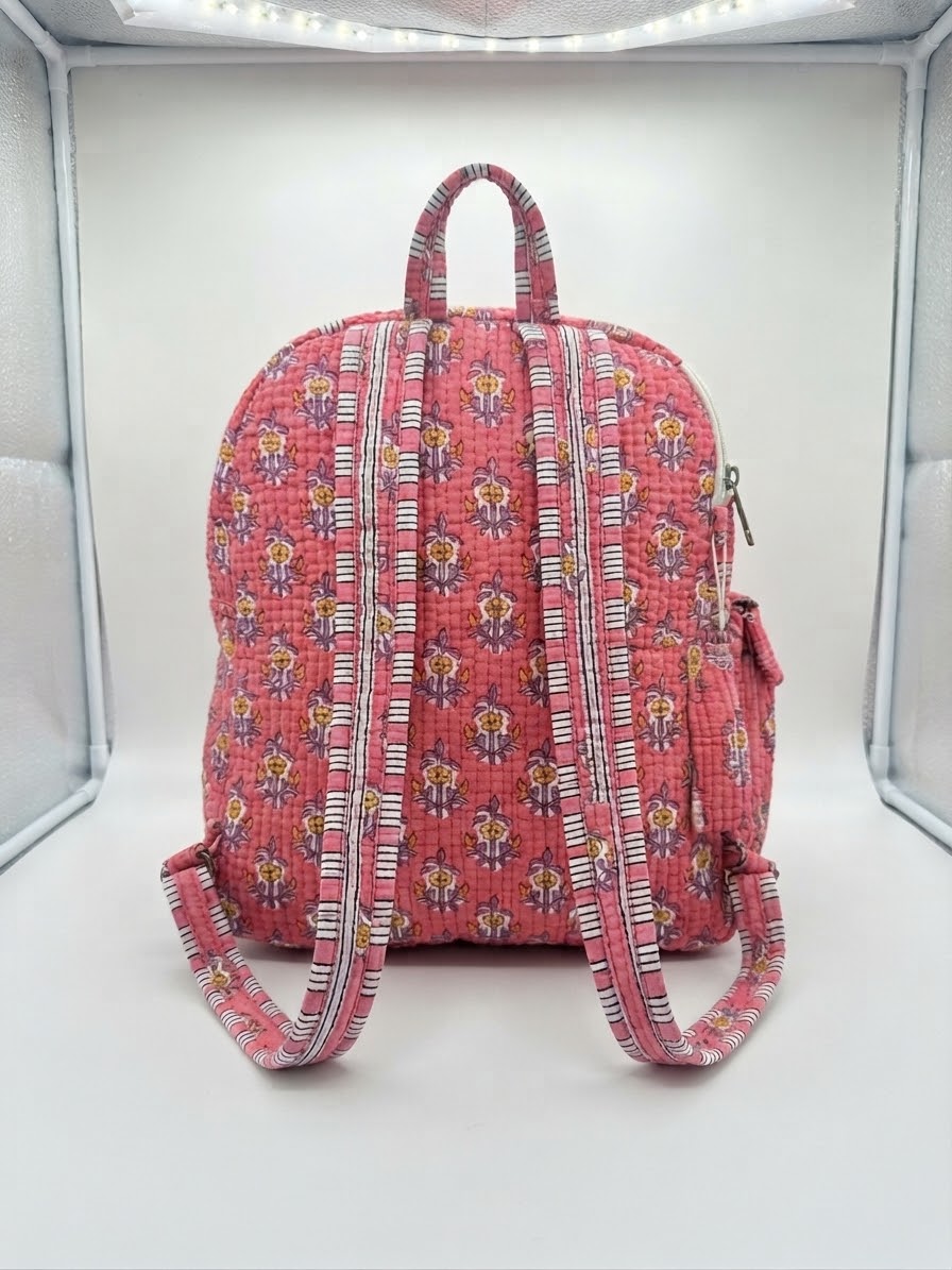 Playful Pink Blossom Quilted Backpack