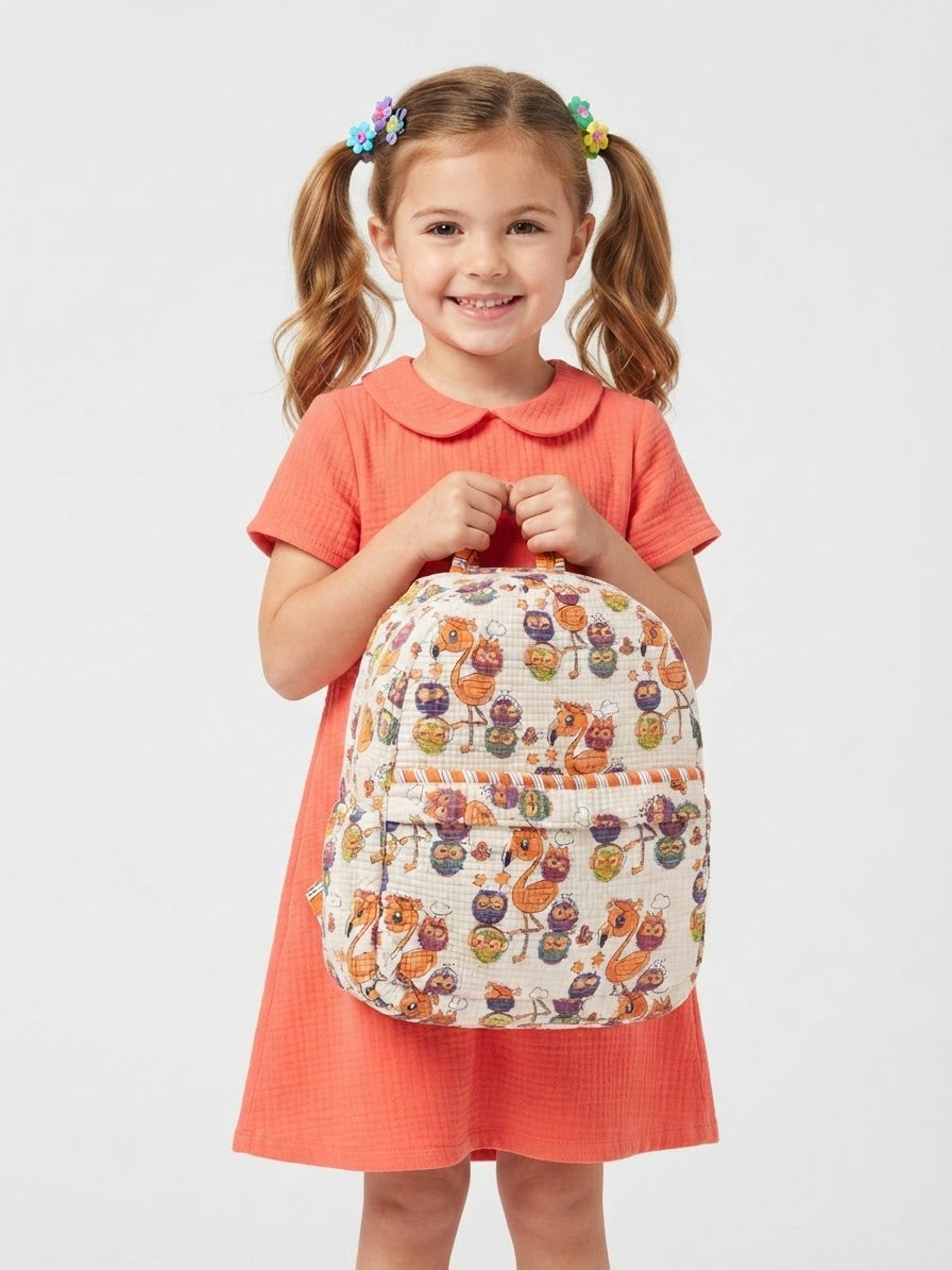 Ivory Multi Flamingo Party Quilted Backpack