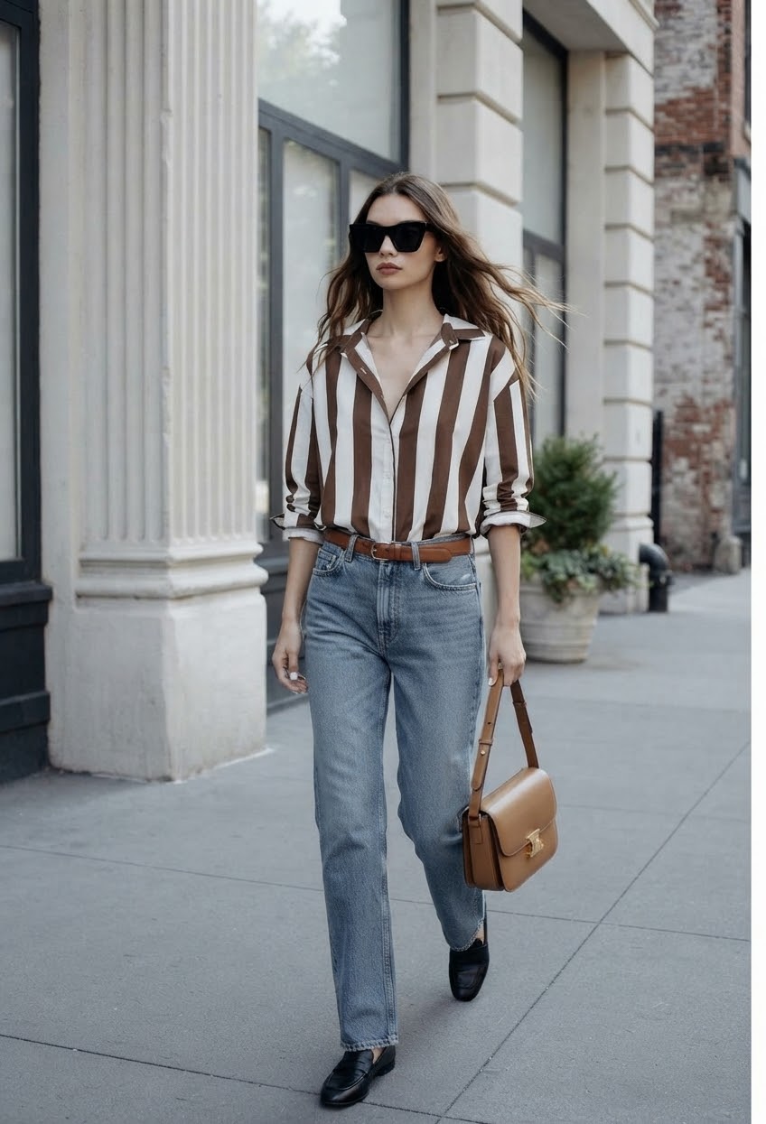 The Striped Classic Button-Down- Brown &White Stripes